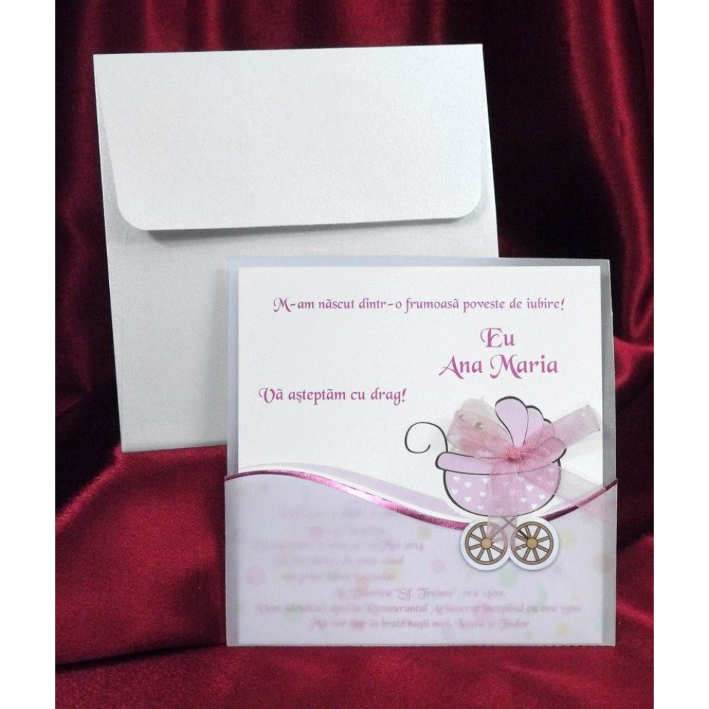 Invitatie botez fetite cu desen bebelus in carucior roz si fundita