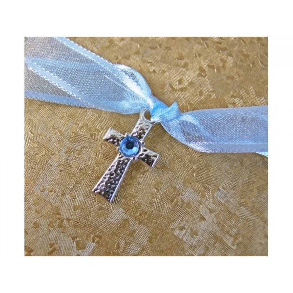 Cruce botez cu piatra bleu si panglica