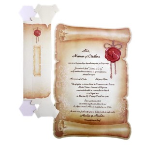 Invitatie pergament cu pecete decorata cu inimioare