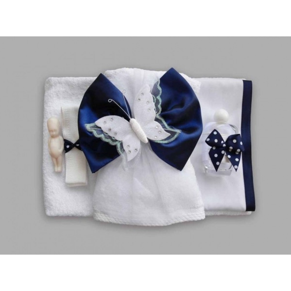 Trusou alb pentru botez decorat cu funda albastra si fluturas